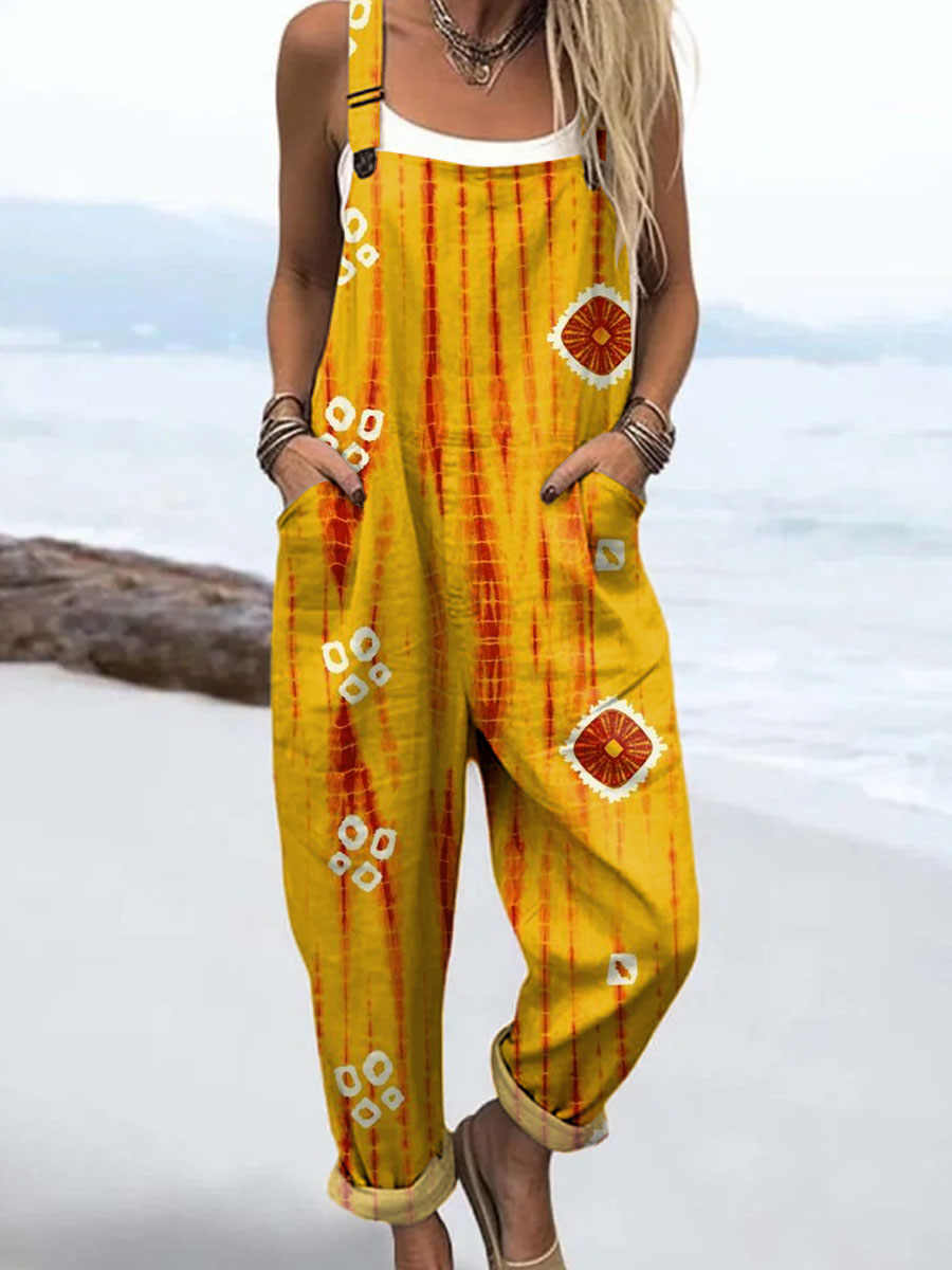 Women's Fashion Color Block Line Art Print Casual 100% Cotton Wide Leg Jumpsuit