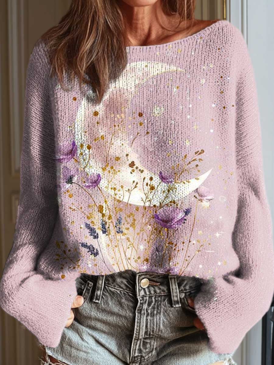 womens-lovely-floral-moon-pattern-art-print-casual-pullover-sweater