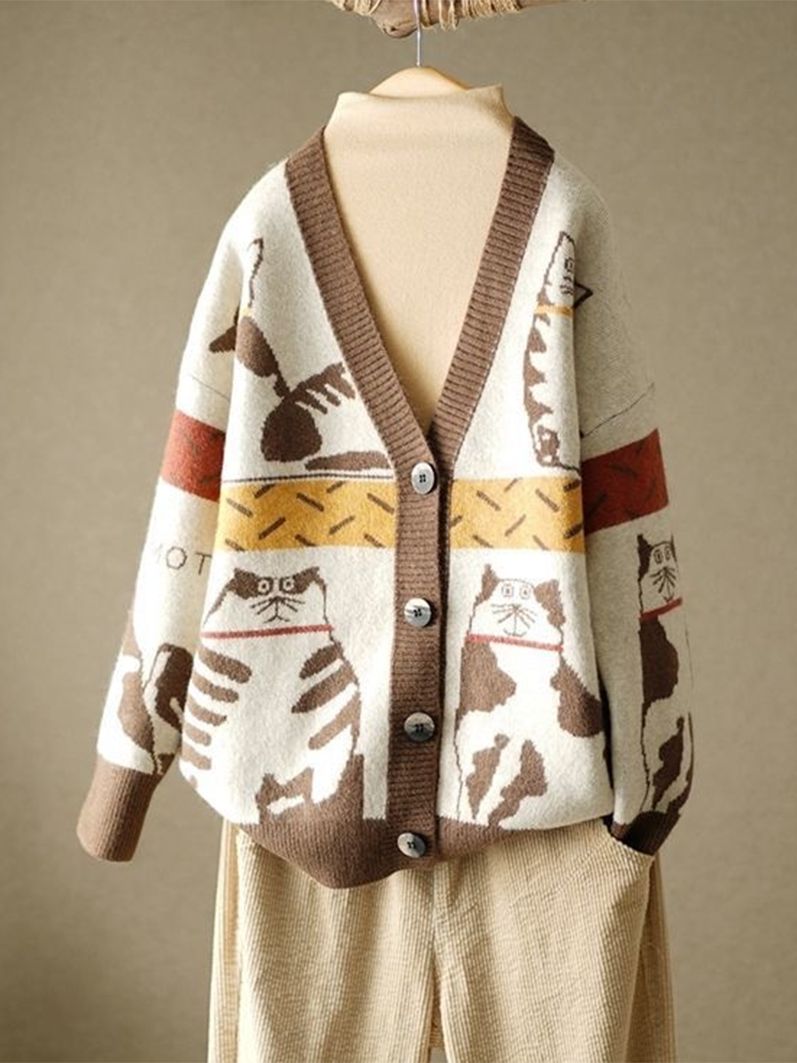 cat-print-contrast-button-cardigan-sweater