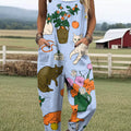 Women's Lovely Cats Floral Art Print Casual 100% Cotton Wide Leg Jumpsuit