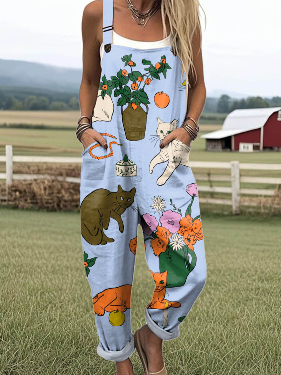Women's Lovely Cats Floral Art Print Casual 100% Cotton Wide Leg Jumpsuit