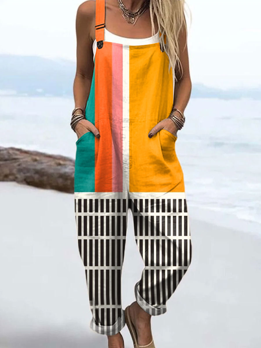 Women's Vintage  Abstract Geometry Art  Print Casual 100% Cotton Wide Leg Jumpsuit