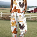 Women's Funny Chicken Art Print Casual 100% Cotton Wide Leg Jumpsuit
