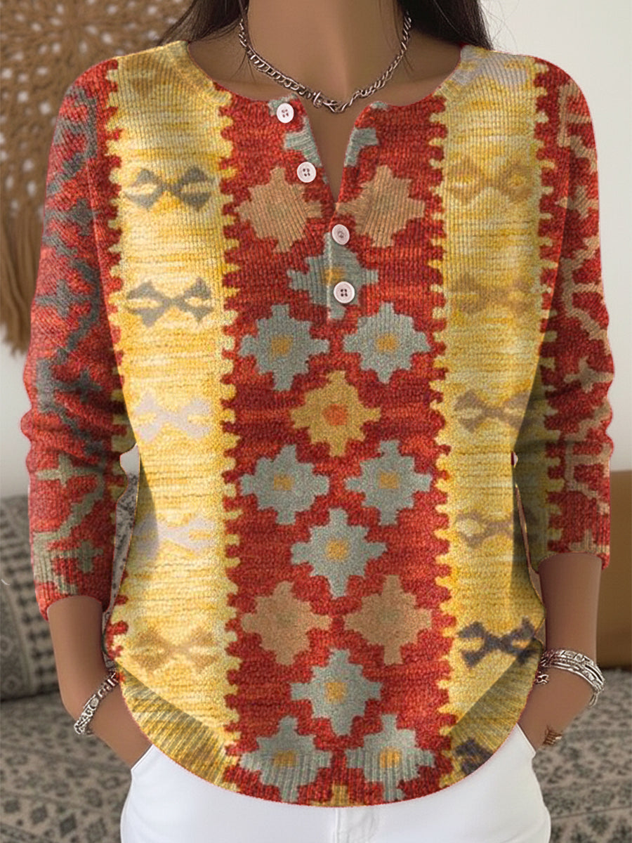 Vintage Ethnic Rhombus Geometric Painting Art Print Buttoned Cardigan Sweater
