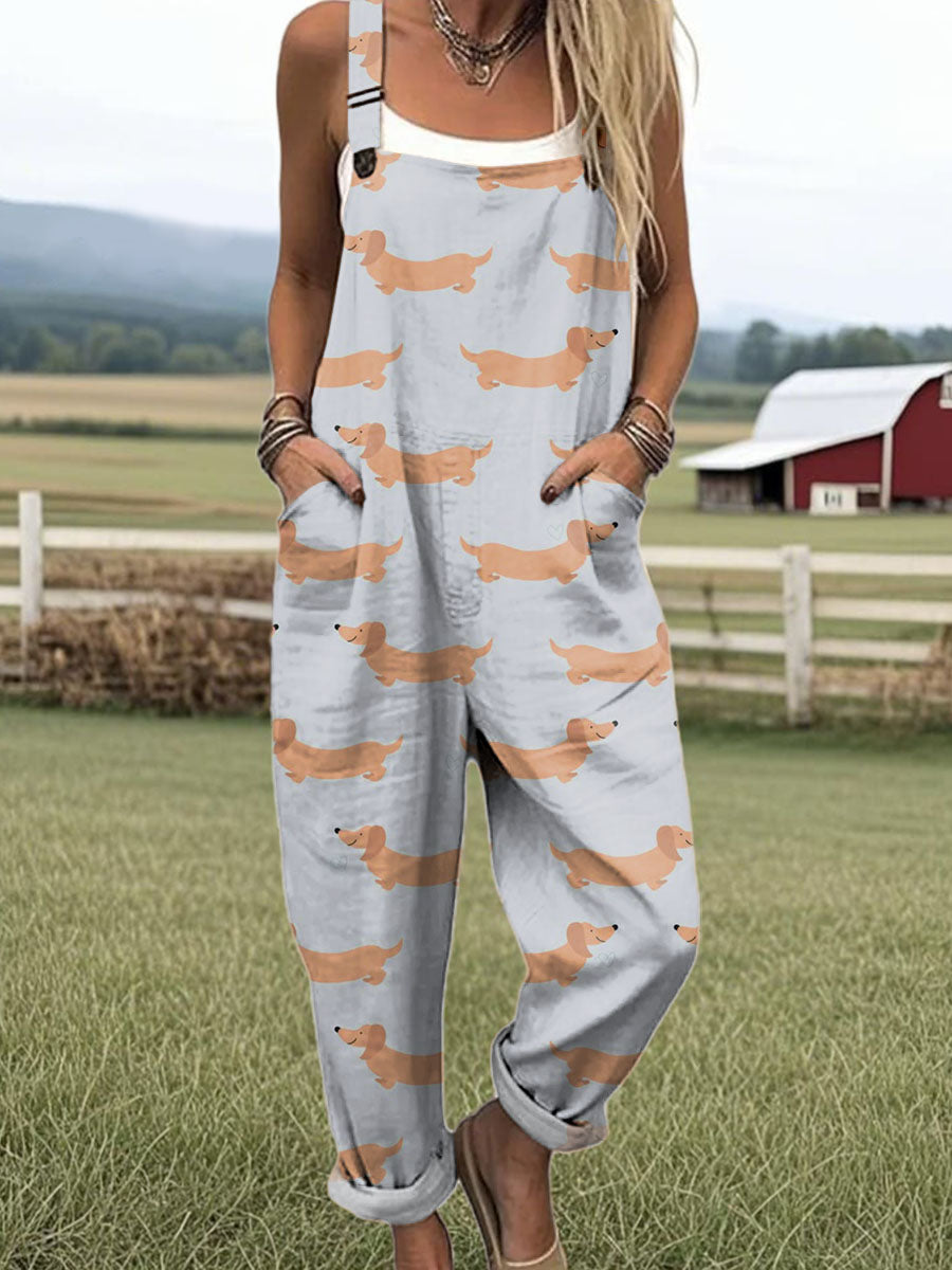 Women's Art Creative Dachshund Print Casual 100% Cotton Wide Leg Jumpsuit