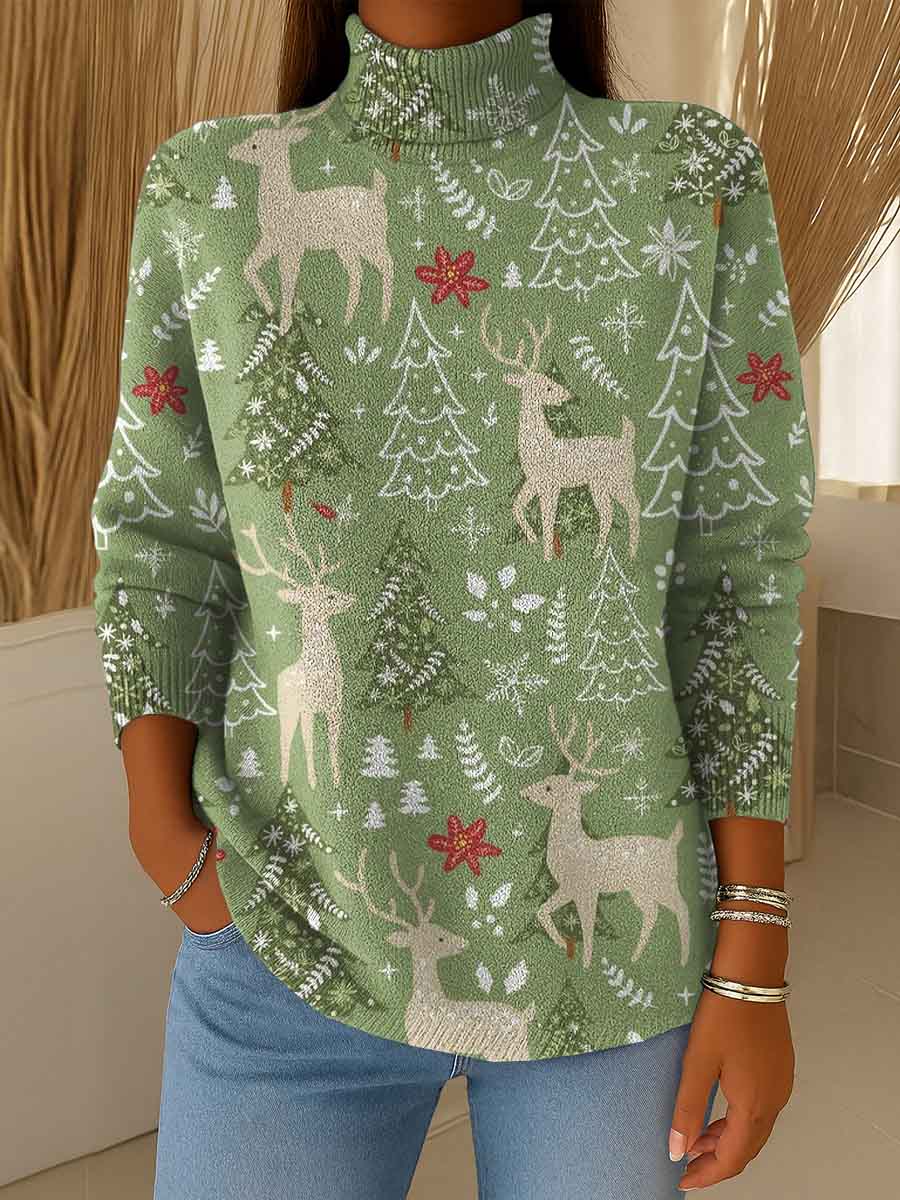 Women's Christmas Print Turtleneck Long Sleeve Casual Loose Pullover Sweater