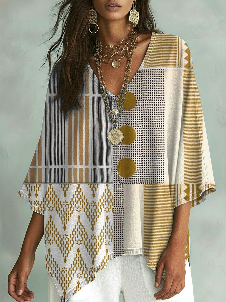 Women's Vintage Geometry Art Print V-neck Loose Shirt
