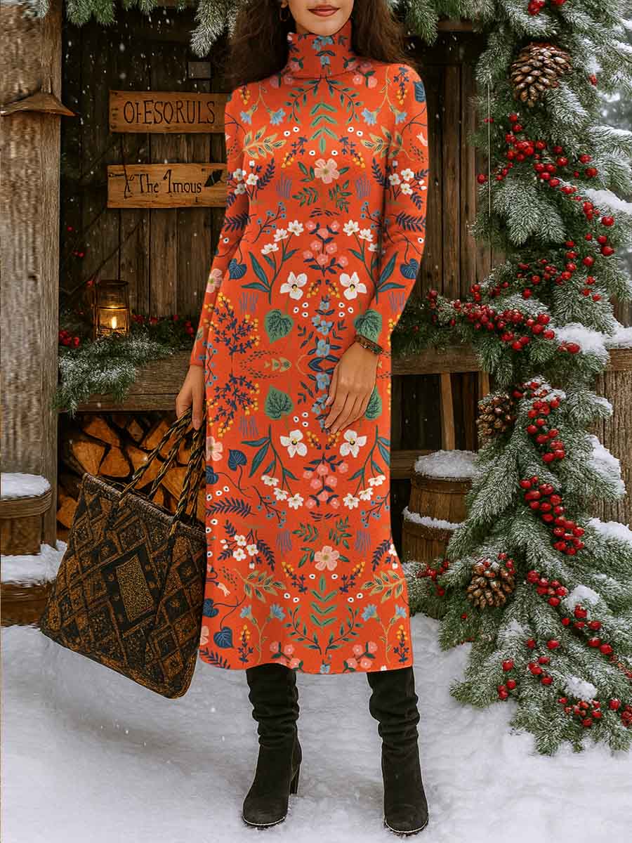 Women's Floral Print Turtleneck Long Sleeve Casual Loose Knit Dress