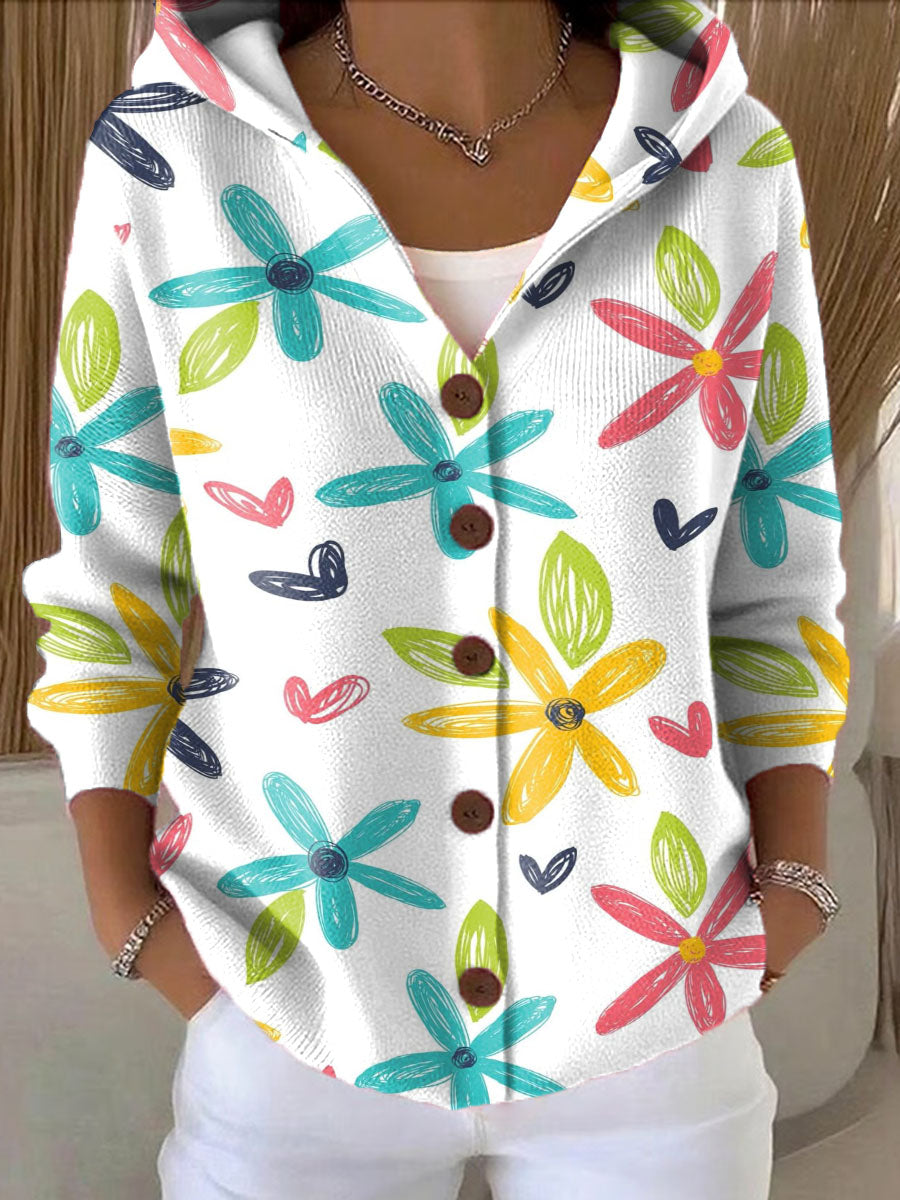 Women's Multi-Color Flowers Printed Casual Hooded Button Sweater