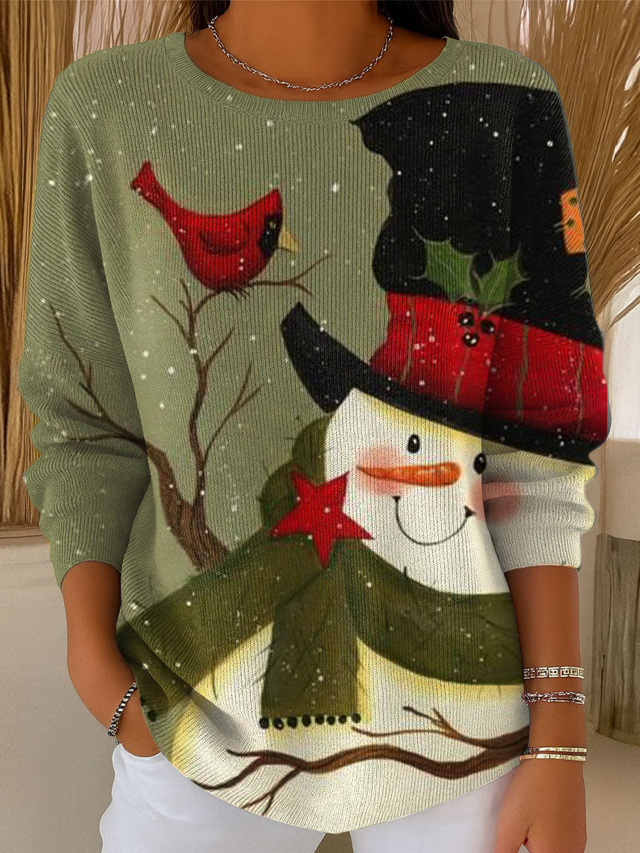 Women's Christmas Vintage Snowman Art Print Casual Pullover Sweater