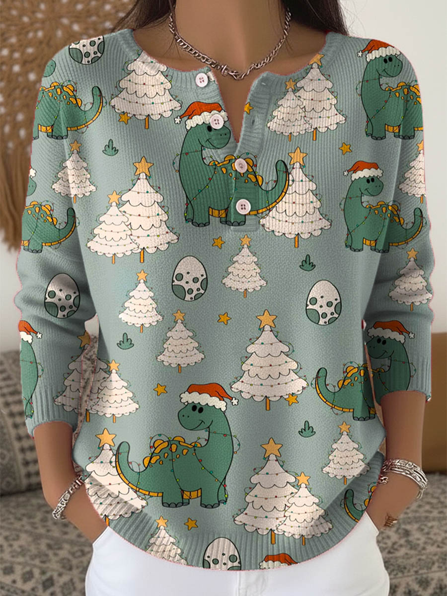 Women's Lovely Christmas Tree Dinosaur Art Print Buttoned Cardigan Sweater