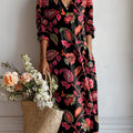 Women's Vintage Floral Art Print Casual Cotton Linen Pocket Dress