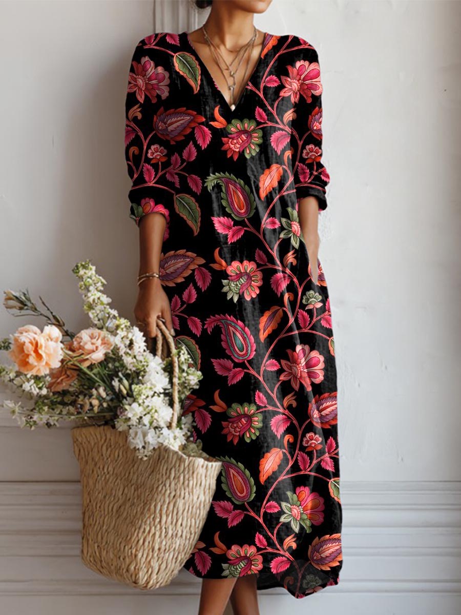 Women's Vintage Floral Art Print Casual Cotton Linen Pocket Dress
