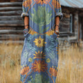Wunderschönes Vintage-Baumwollkleid für Damen mit ethnischem Blumenmuster, Kunstdruck, Tasche und V-Ausschnitt 