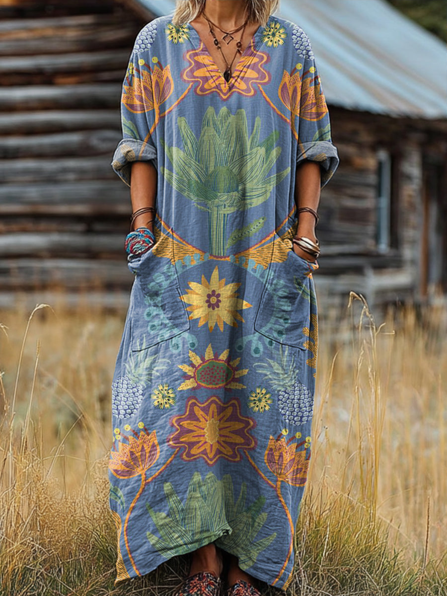 Women's Beautiful Vintage Ethnic Floral Painting Art Print Pocket V-neck Cotton Dress