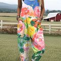 Women's  Vintage Flower Art Print Casual 100% Cotton Wide Leg Jumpsuit