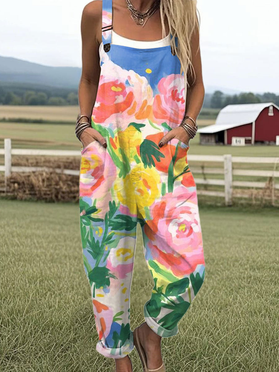 Women's  Vintage Flower Art Print Casual 100% Cotton Wide Leg Jumpsuit