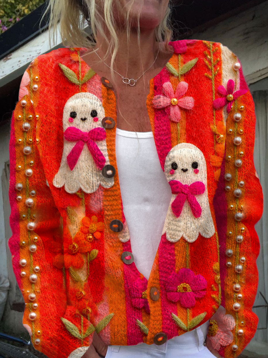 vintage-ghost-art-print-buttoned-cardigan-sweater