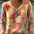 Women's  Vintage Flower Art Print Casual V-neck Long Sleeve T-shirt