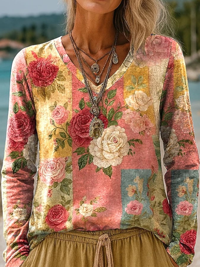 Women's  Vintage Flower Art Print Casual V-neck Long Sleeve T-shirt