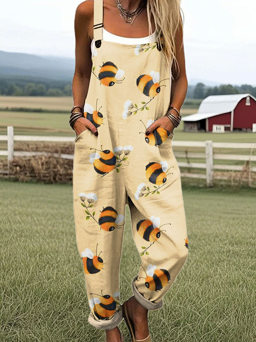 Women's Colorful Bee Art Pattern Print Casual 100% Cotton Jumpsuit
