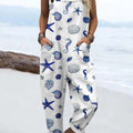 Women's Starfish Seahorse Conch Pattern Art Print Casual 100% Cotton Wide Leg Jumpsuit