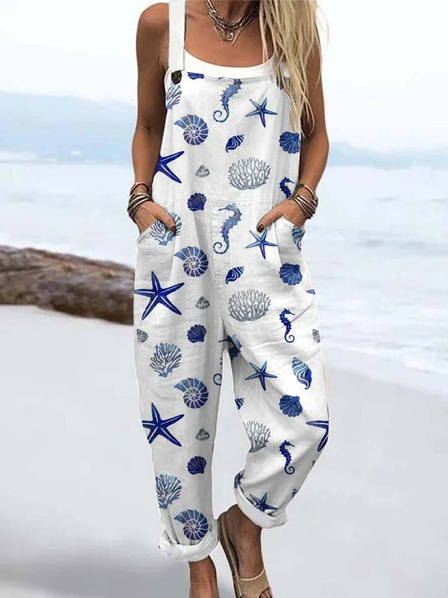 Women's Starfish Seahorse Conch Pattern Art Print Casual 100% Cotton Wide Leg Jumpsuit