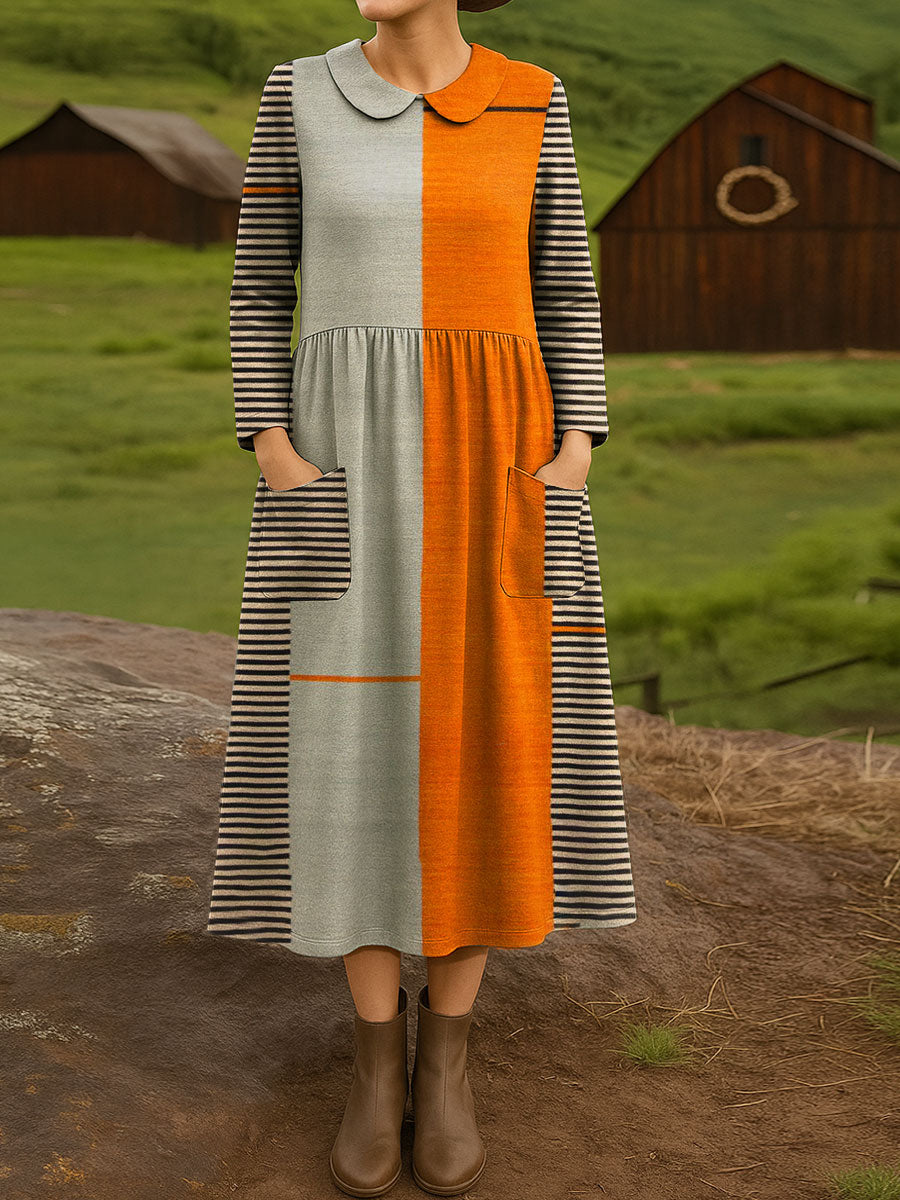 Women's Vintage Abstract Geometric Art Print Cotton Lapel Button-Down Shirt Dress