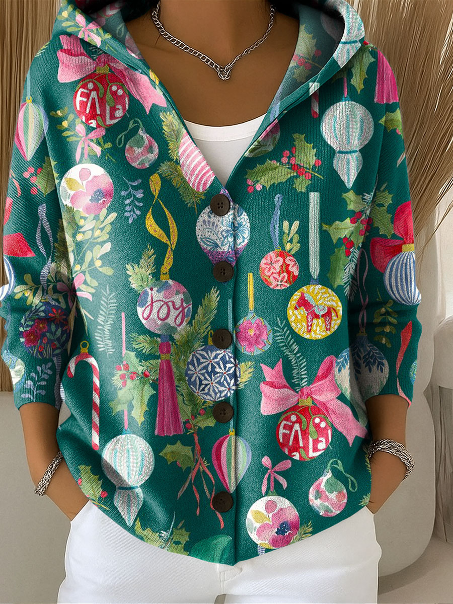 Women's Vintage Christmas Lights Pattern Printed Casual Hooded Button Sweater