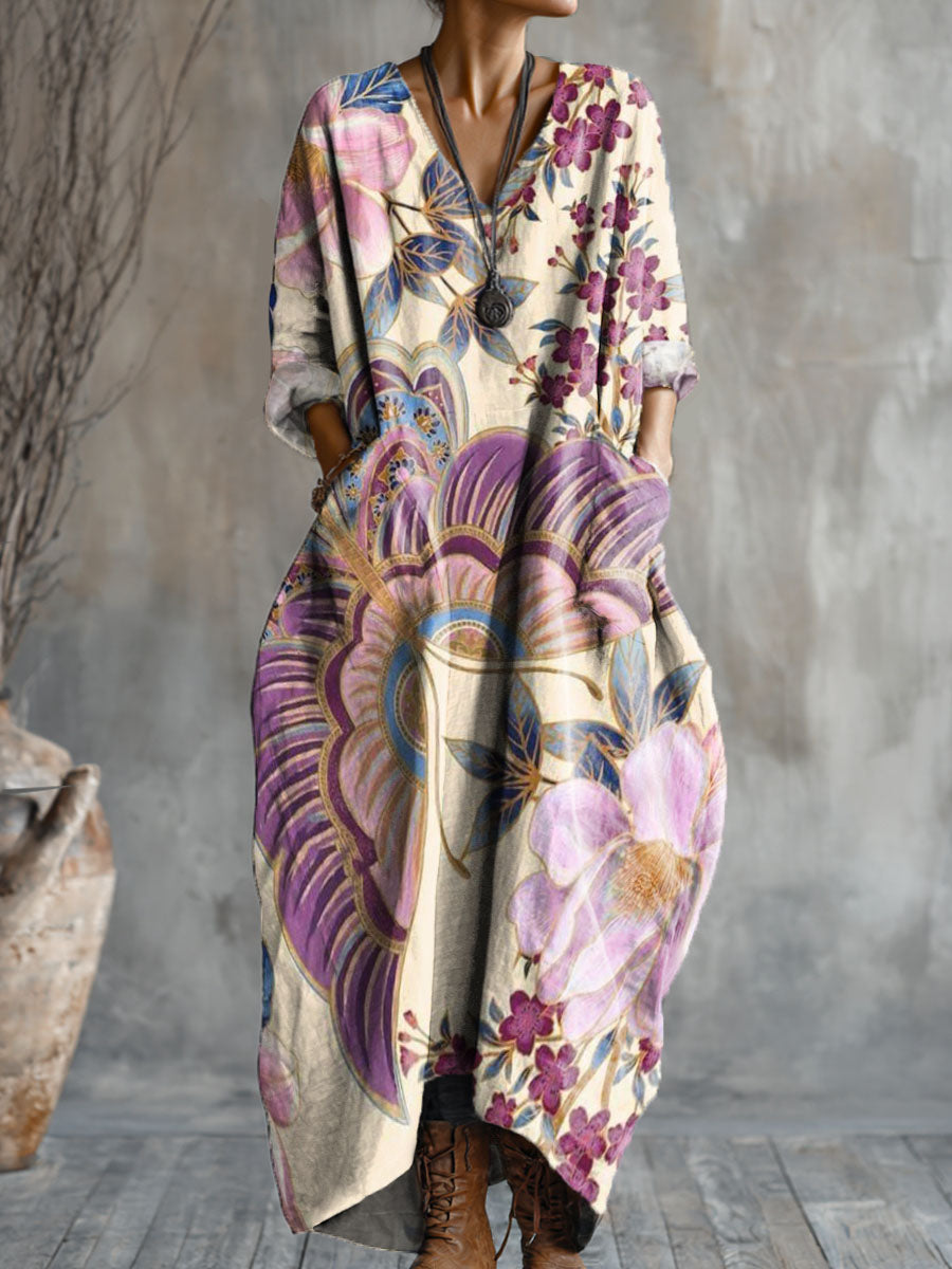 Women's Flowers And Butterflies Art Pattern Print Pocket V-neck Cotton Dress