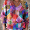 Beautiful Colorful Abstract Line Checkered Painting Art Print Knit V-neck Pullover Sweater