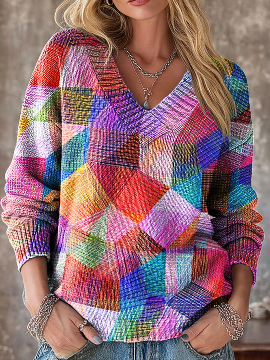 Beautiful Colorful Abstract Line Checkered Painting Art Print Knit V-neck Pullover Sweater