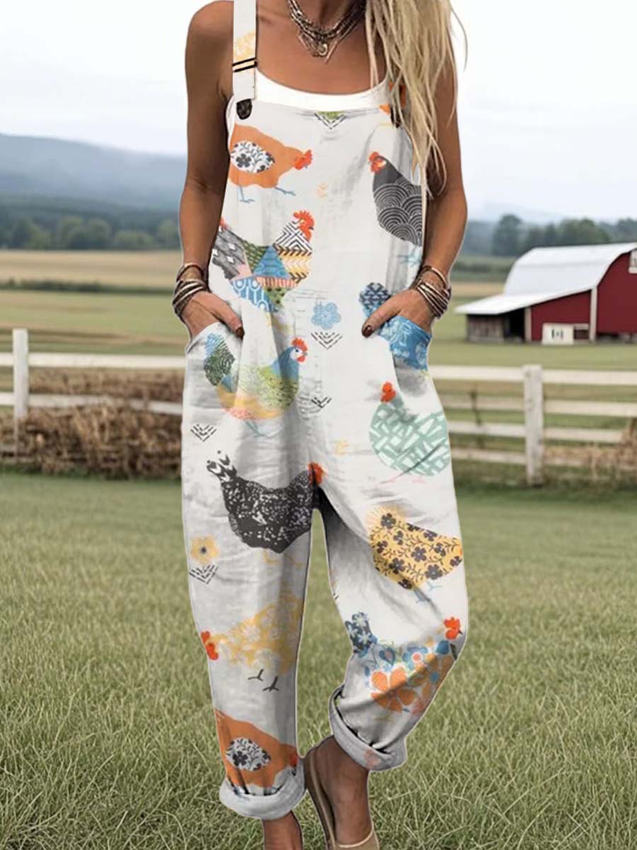 Women's Artistic Creative Chick Print Casual 100% Cotton Wide Leg Jumpsuit