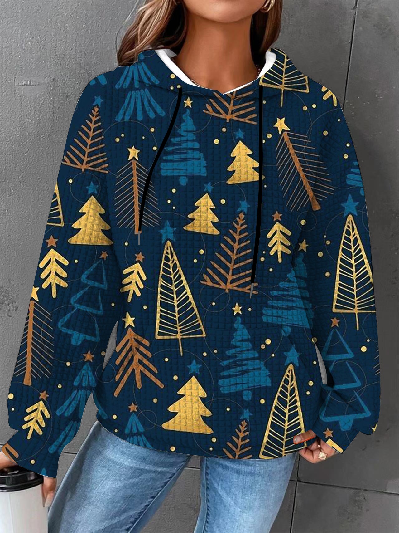 Plus size Autumn/Winter Women's Waffle  Essential Creative Printed Long Sleeve Hooded Sweatshirt