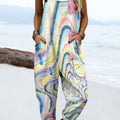Women's Vintage Abstract Geometric Line Art Print Casual 100% Cotton Wide Leg Jumpsuit