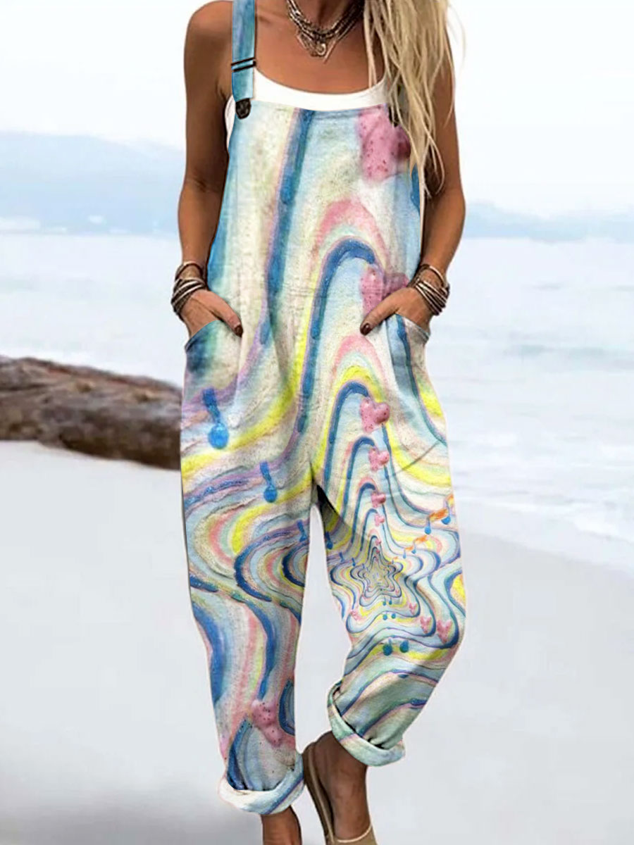 Women's Vintage Abstract Geometric Line Art Print Casual 100% Cotton Wide Leg Jumpsuit