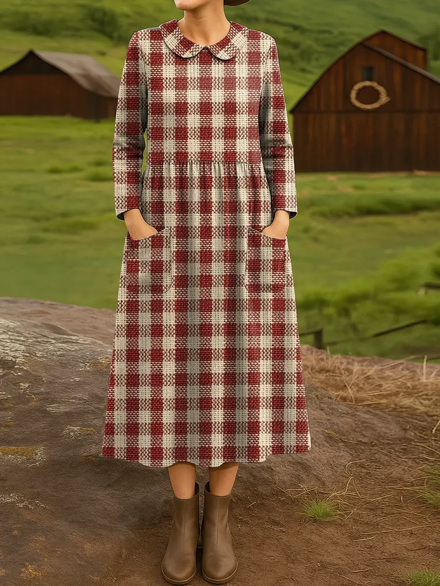 Women's Vintage Plaid Pattern Art Print Casual Cotton Dress