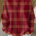 Women's  Vintage Plaid Art Print Casual Waffle Henry Collar Sweatshirt
