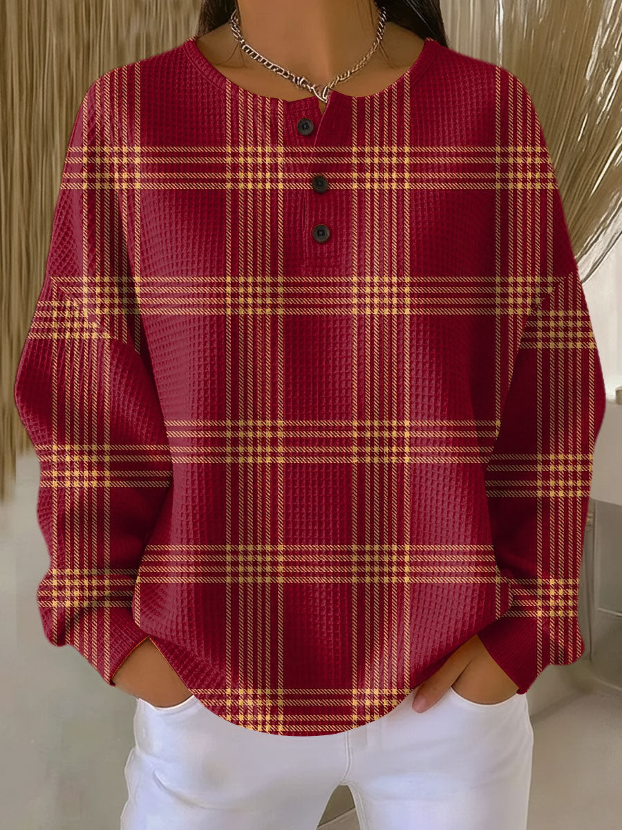Women's  Vintage Plaid Art Print Casual Waffle Henry Collar Sweatshirt