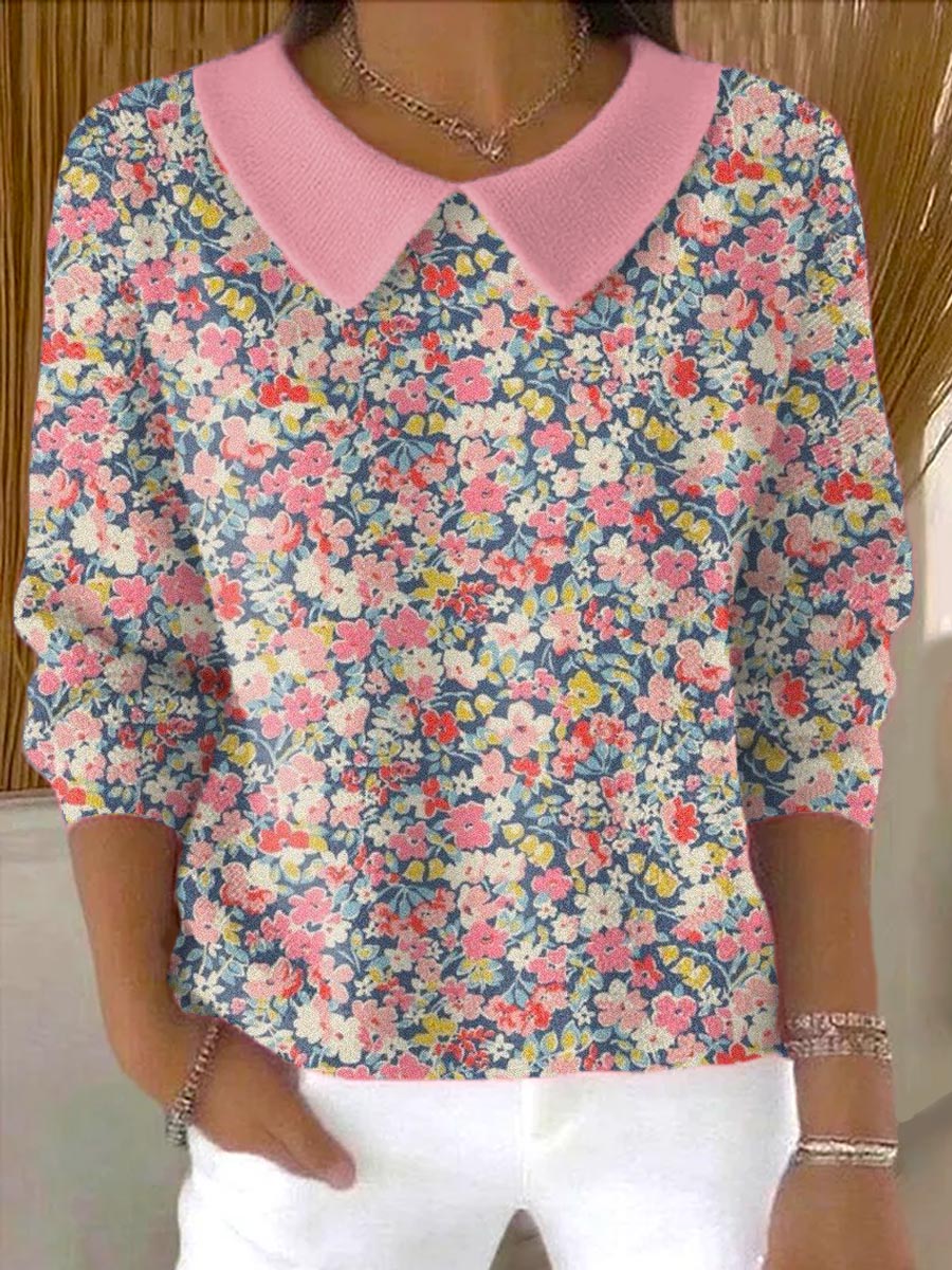 womens-floral-art-print-casual-peter-pan-collar-3-4-sleeve-sweater-yu9s