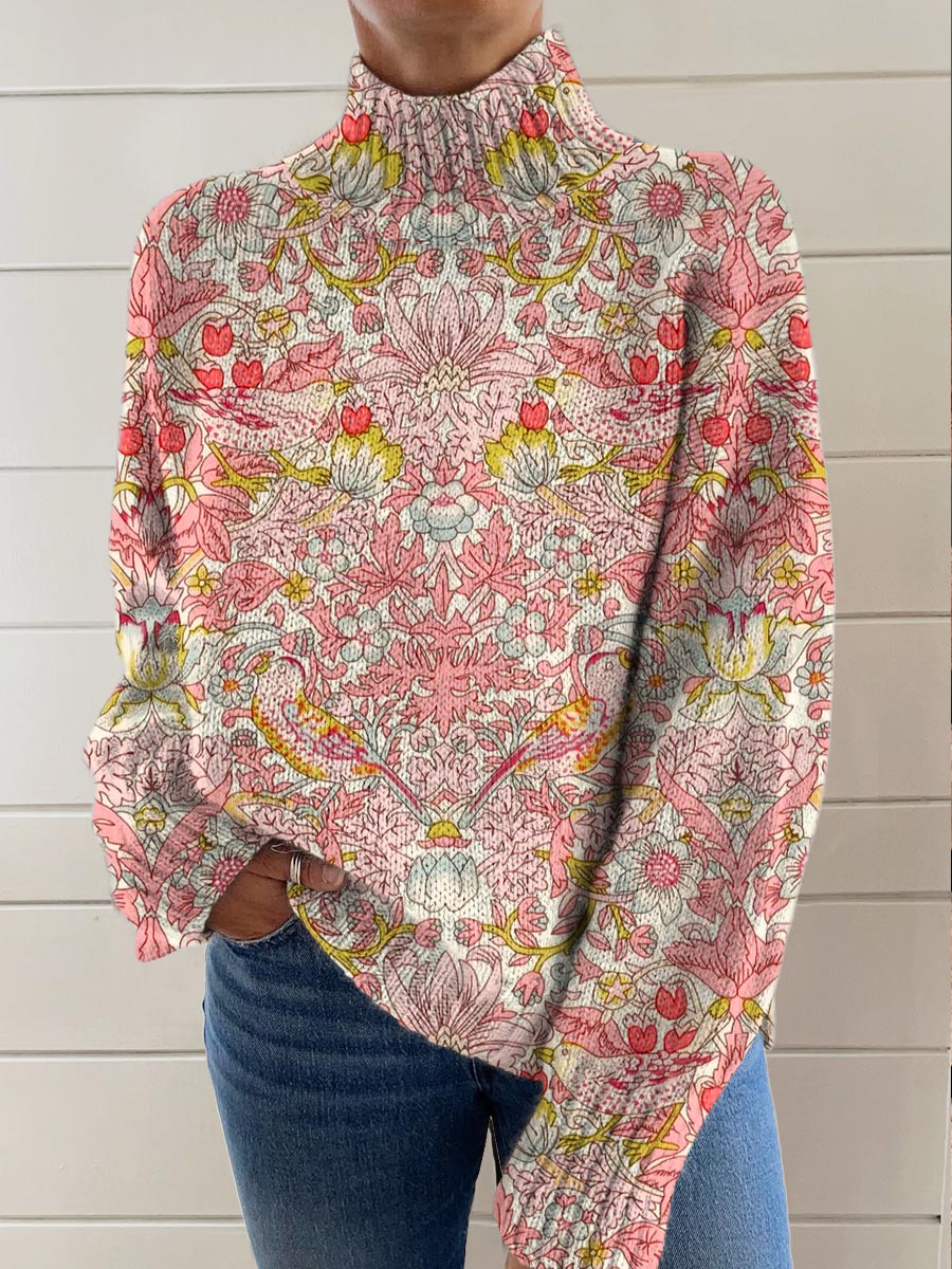 womens-vintage-floral-pattern-art-print-knit-turtleneck-pullover-sweater