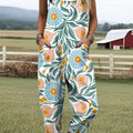 Women's Vintage Floral Pattern Art Print Casual 100% Cotton Wide Leg Jumpsuit