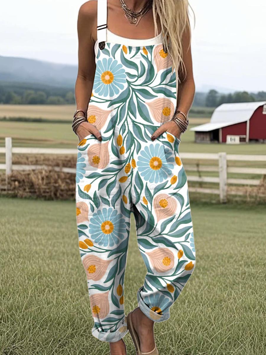 Women's Vintage Floral Pattern Art Print Casual 100% Cotton Wide Leg Jumpsuit
