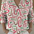 Women's Christmas Candy Cane Pattern Art Print Buttoned Cardigan Sweater