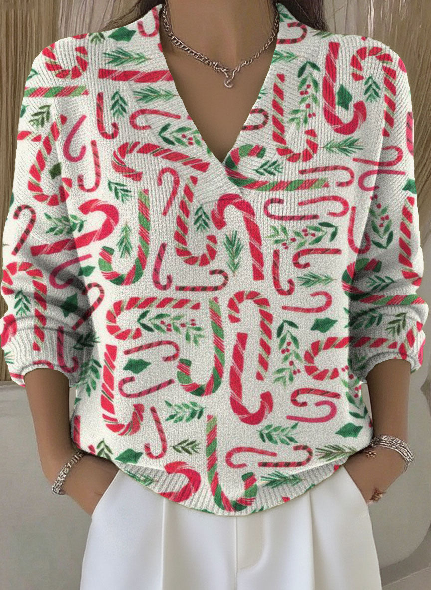 Women's Christmas Candy Cane Pattern Art Print Buttoned Cardigan Sweater