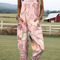 Women's Artistic Abstract Fun Cat Print Casual 100% Cotton Wide Leg Jumpsuit