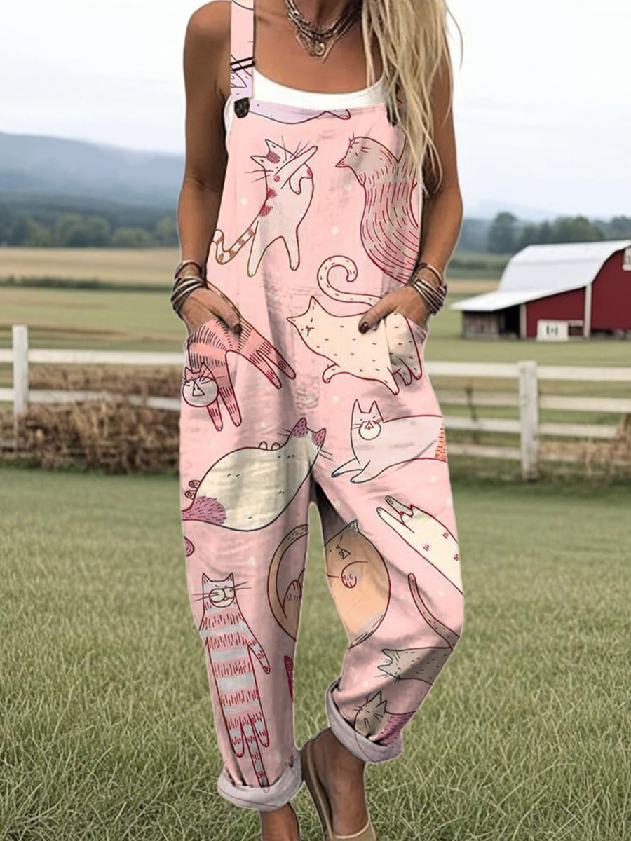 Women's Artistic Abstract Fun Cat Print Casual 100% Cotton Wide Leg Jumpsuit