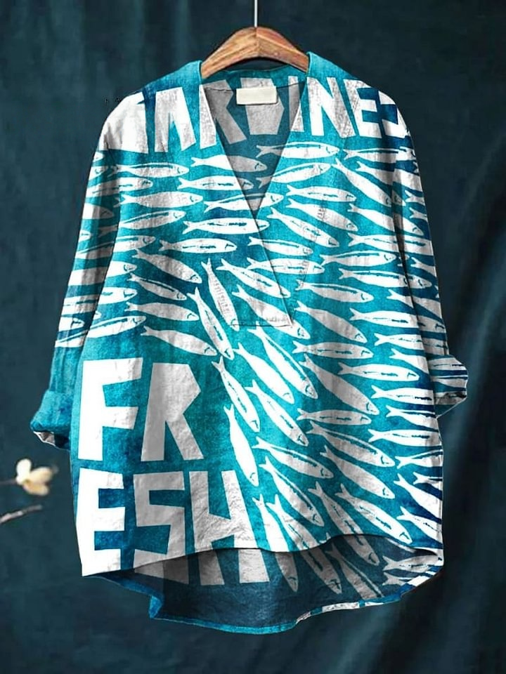 Women's Vintage Fish Sardines Art Print Casual Cotton And Linen V-neck Shirt