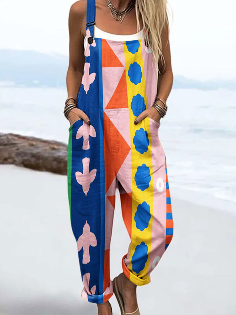 Women's Vintage Abstract Geometric Line Art Print Casual 100% Cotton Wide Leg Jumpsuit