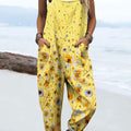 Women's Vintage Flower Art Print Casual 100% Cotton Wide Leg Jumpsuit